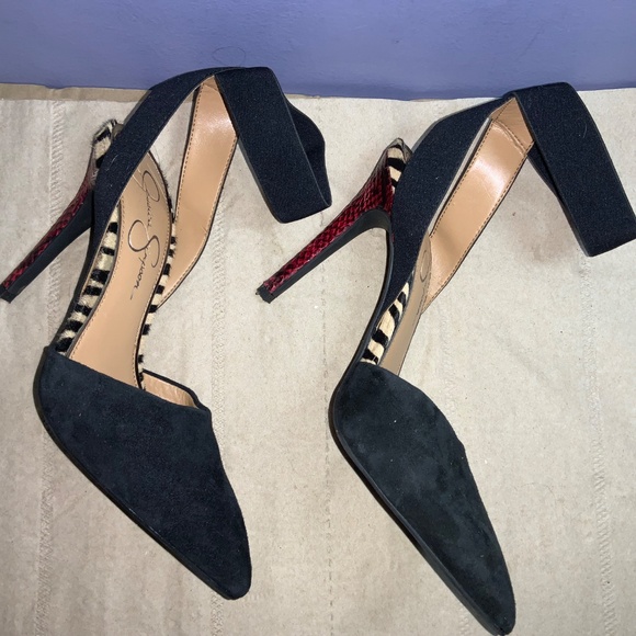 Jessica Simpson ankle strap suede heels Sz 7 snakeskin heels animal print trim - Picture 3 of 8